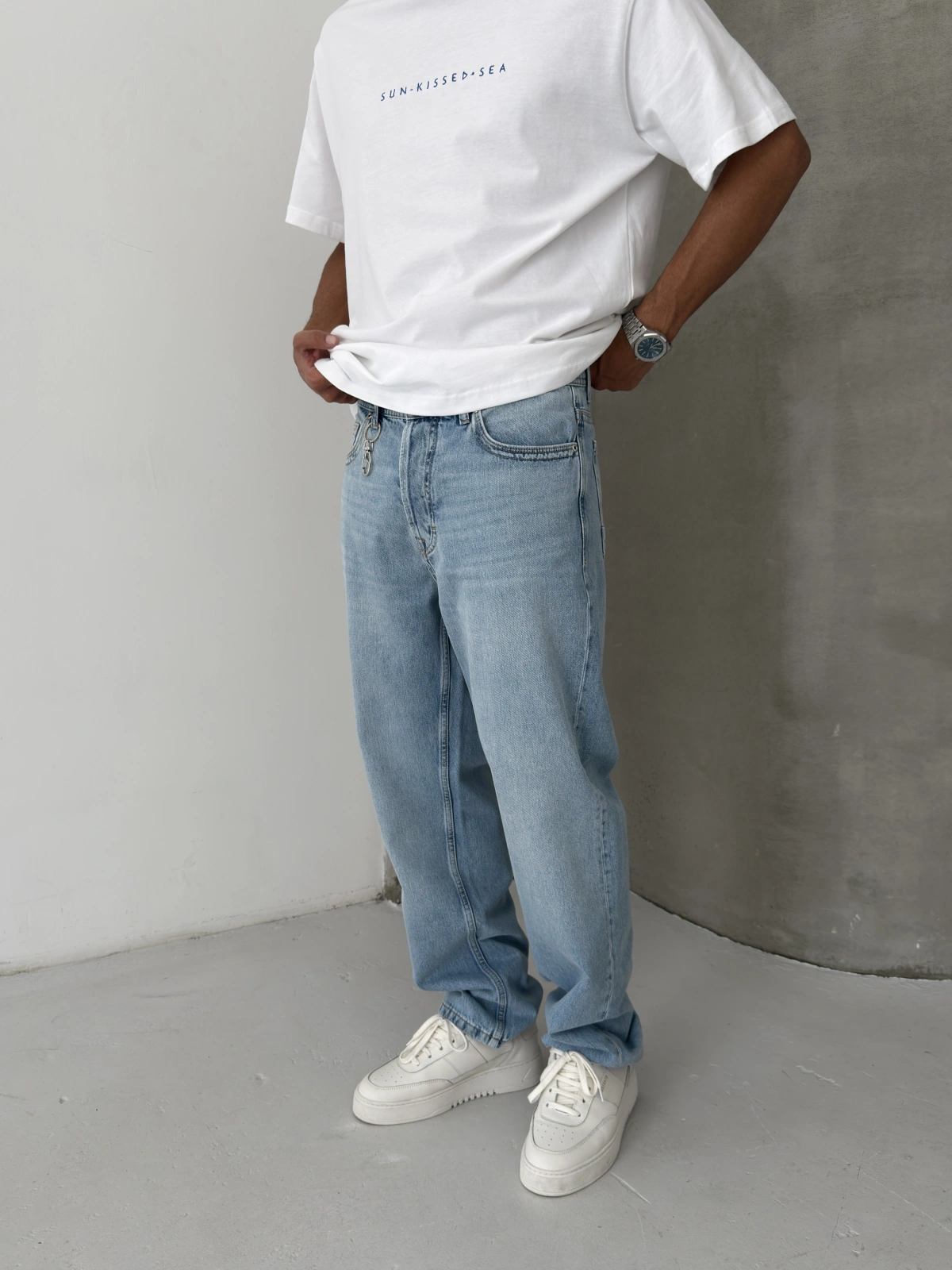 Buz Mavi Aksesuar Detay Baggy Jean
