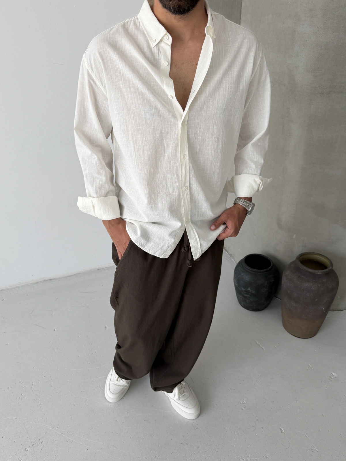 Ekru Aura Keten Oversize Gömlek