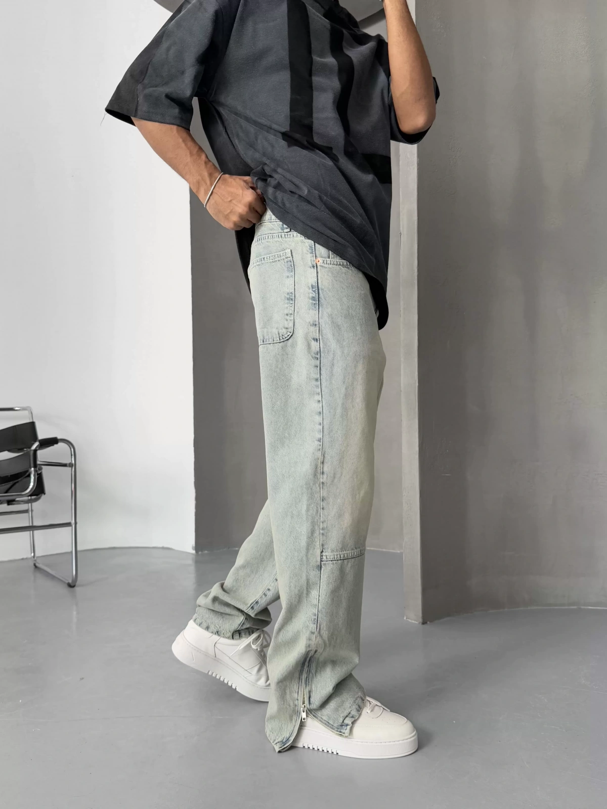 Eskitme Paça Fermuar Baggy Jean
