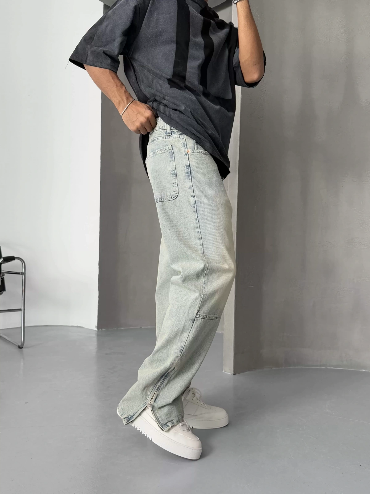 Eskitme Paça Fermuar Baggy Jean