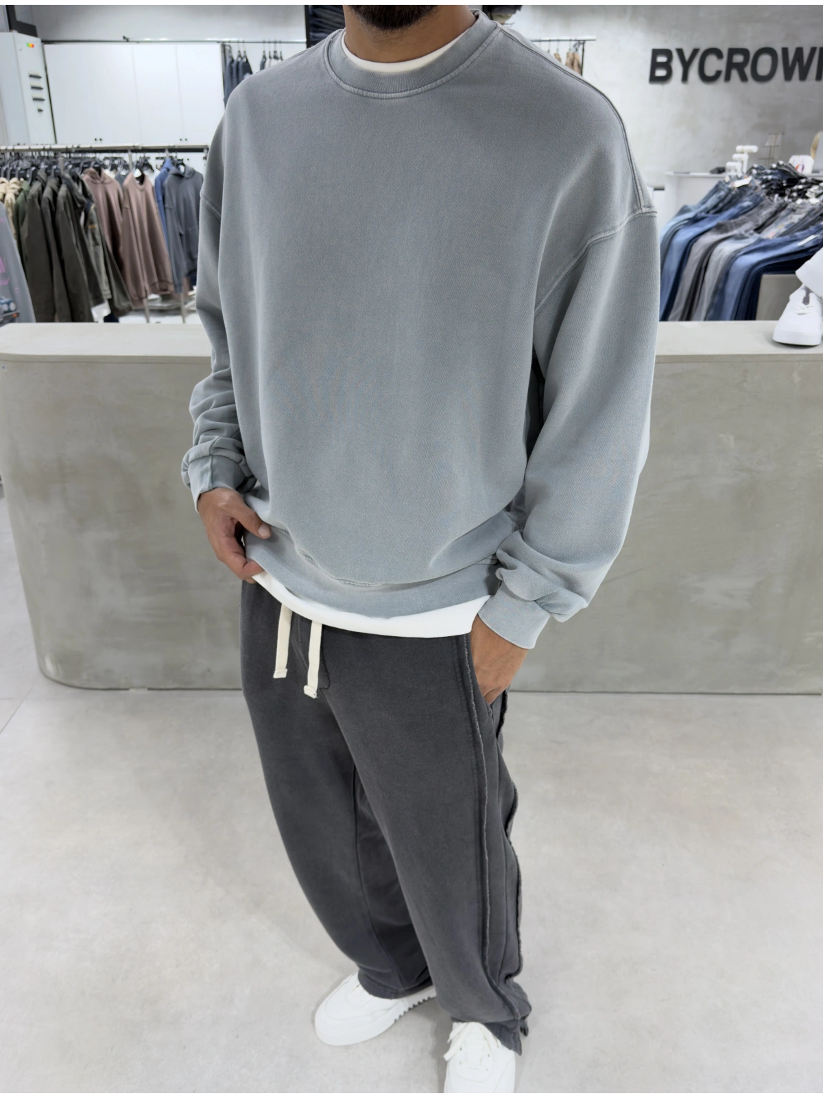 Gri Yıkamalı Bisiklet Yaka Oversize Sweatshirt