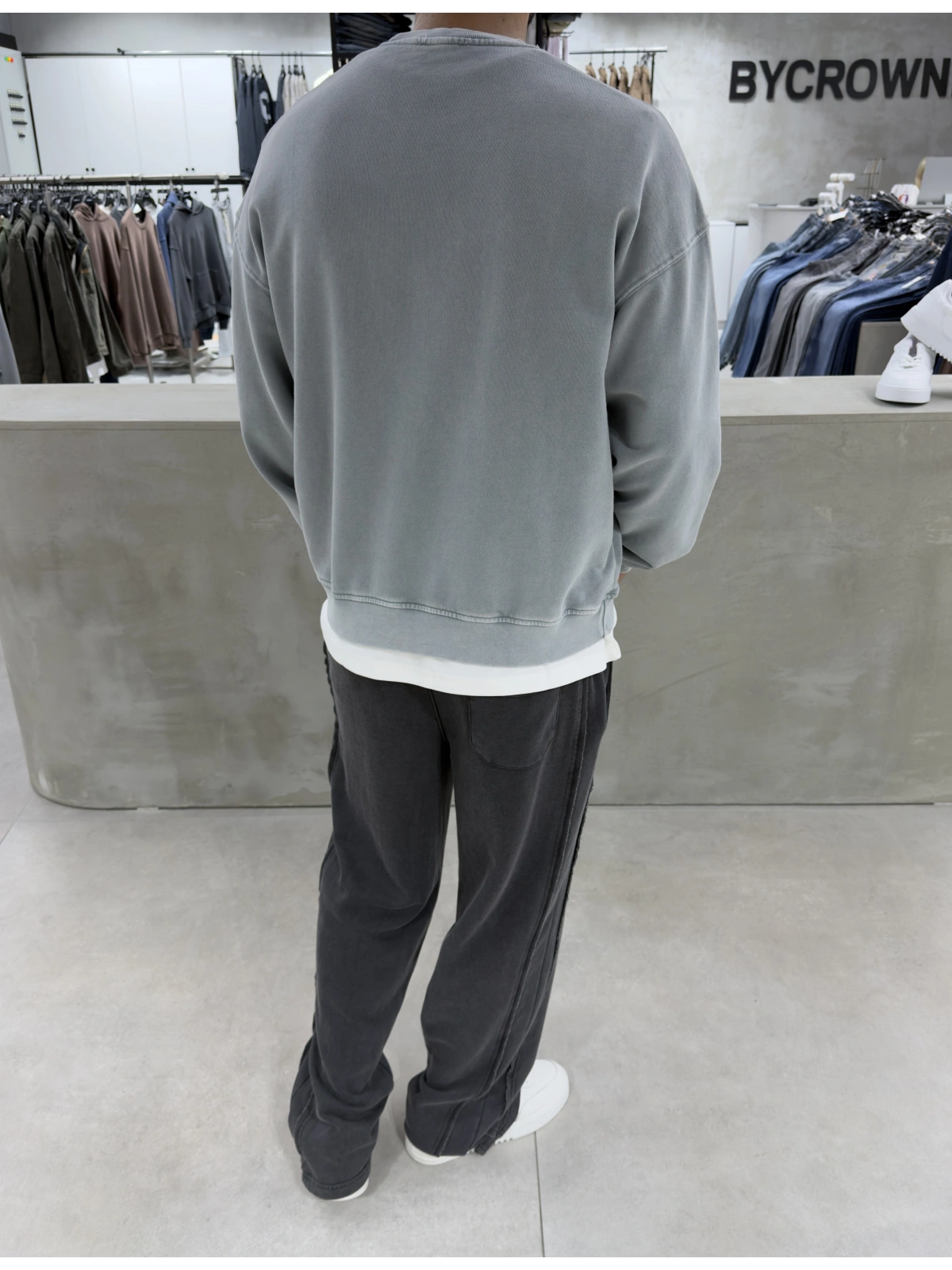 Gri Yıkamalı Bisiklet Yaka Oversize Sweatshirt