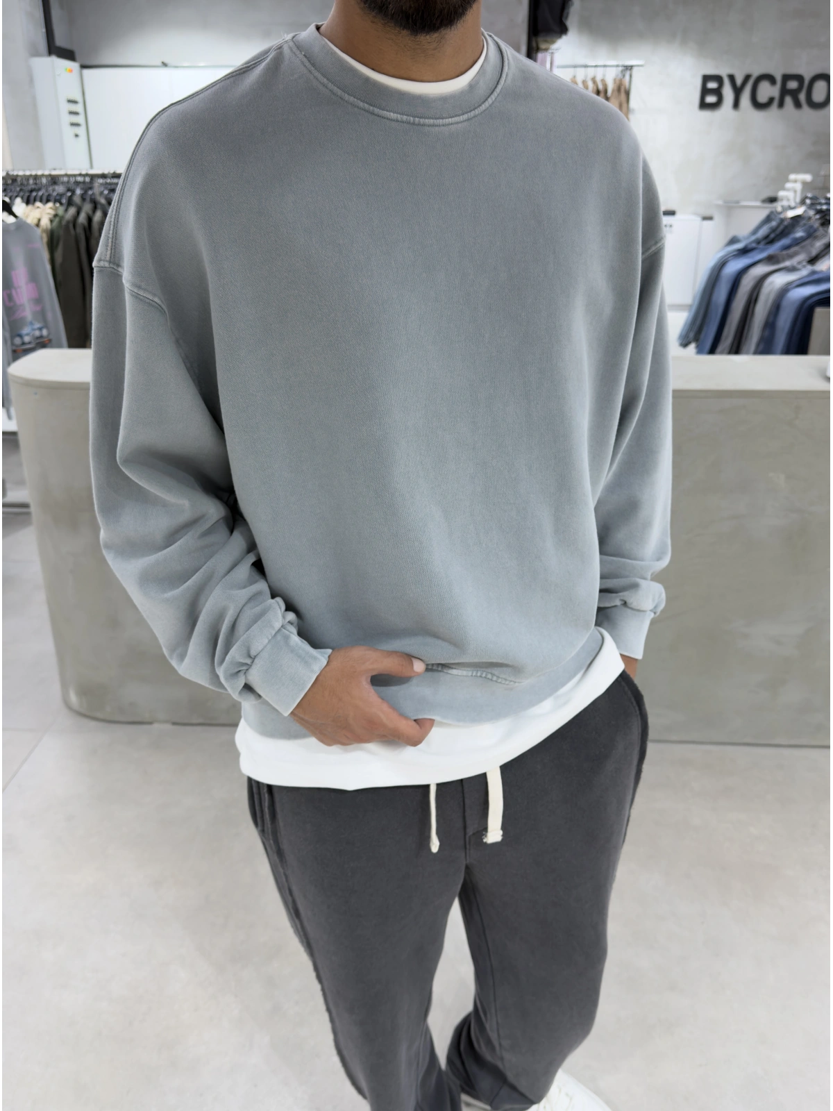 Gri Yıkamalı Bisiklet Yaka Oversize Sweatshirt