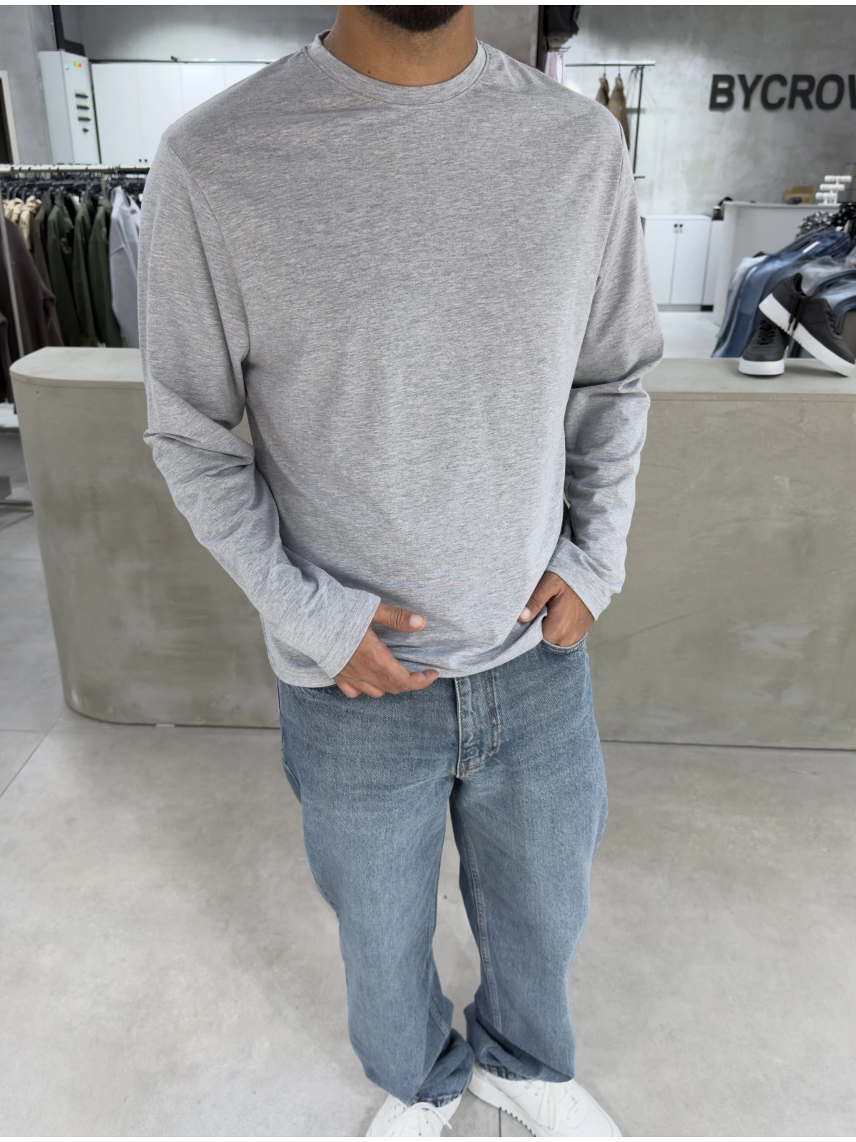 Gri Likralı Basic Sweat