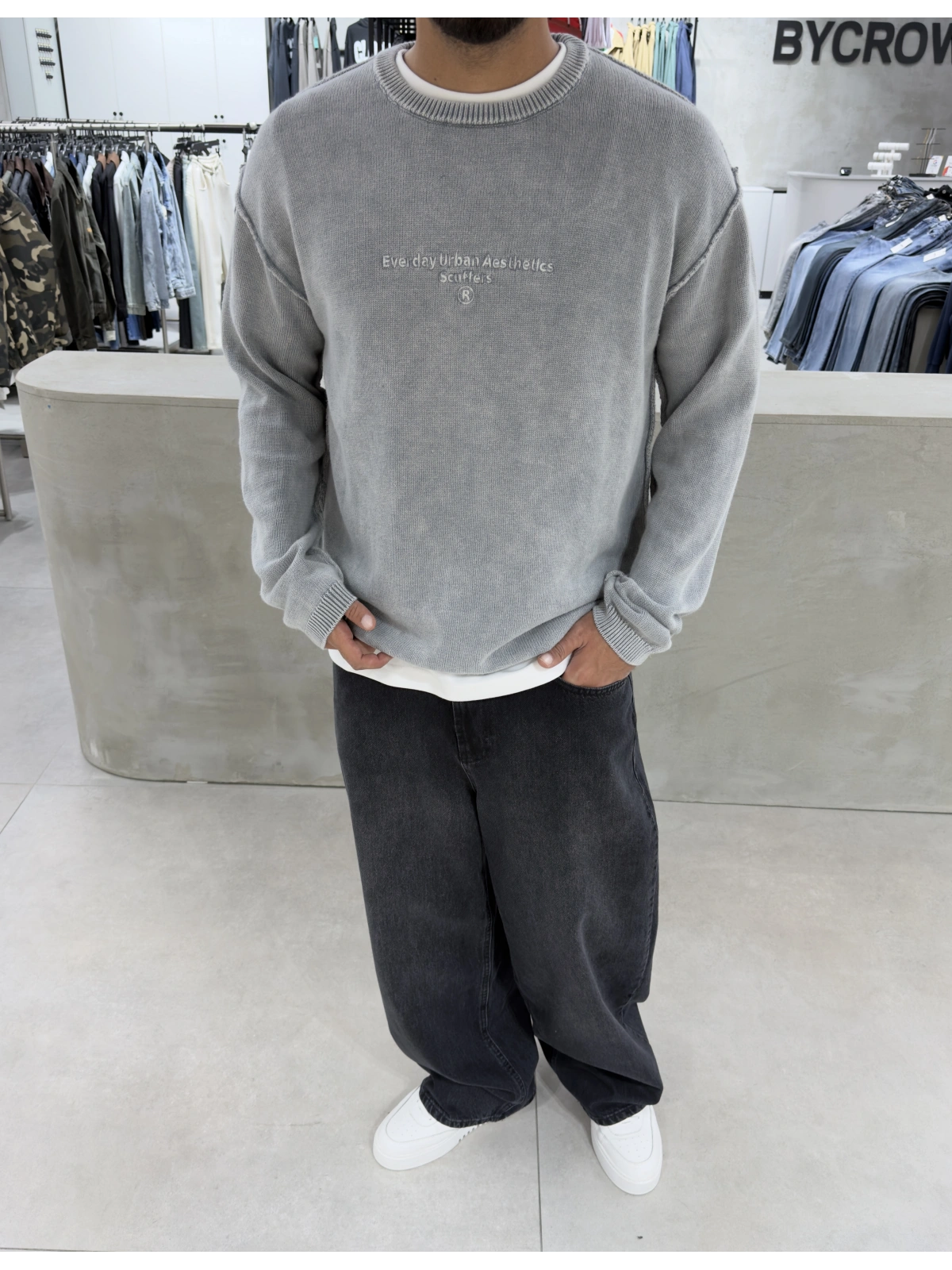 Gri Oversize Urban Triko Kazak