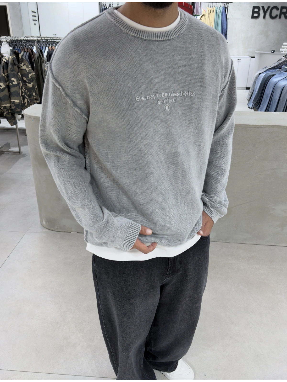 Gri Oversize Urban Triko Kazak