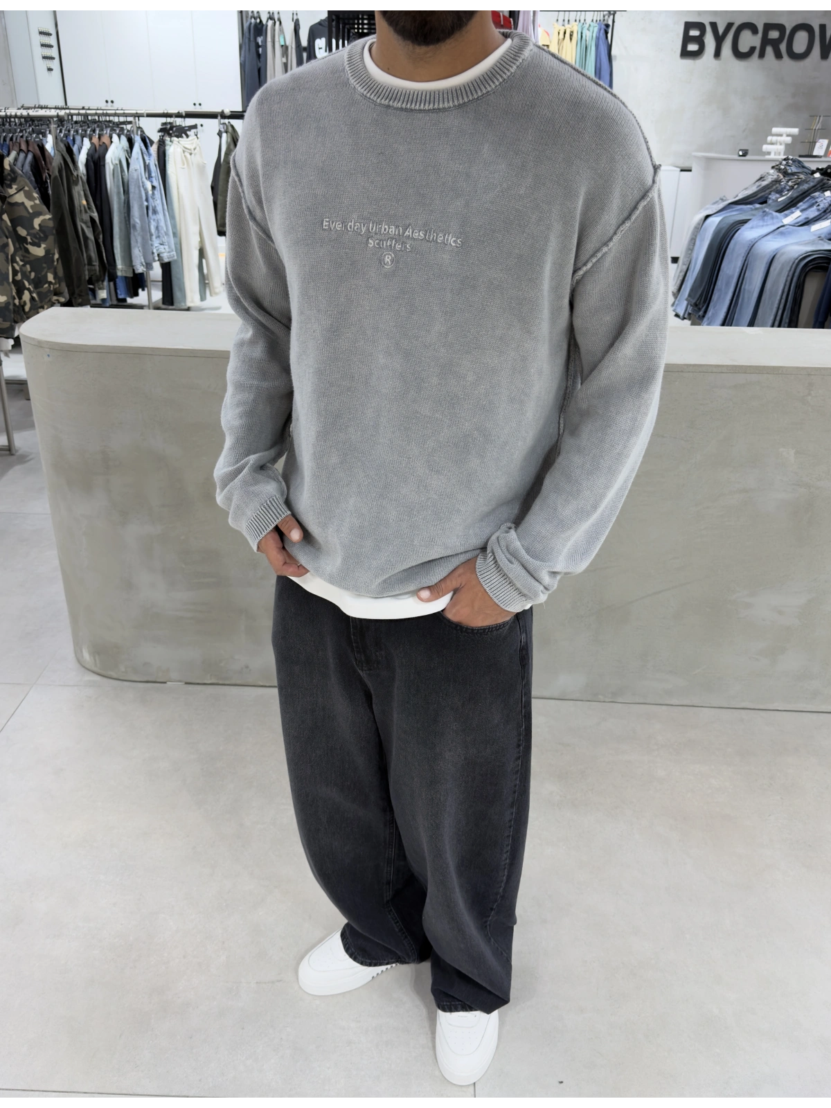 Gri Oversize Urban Triko Kazak