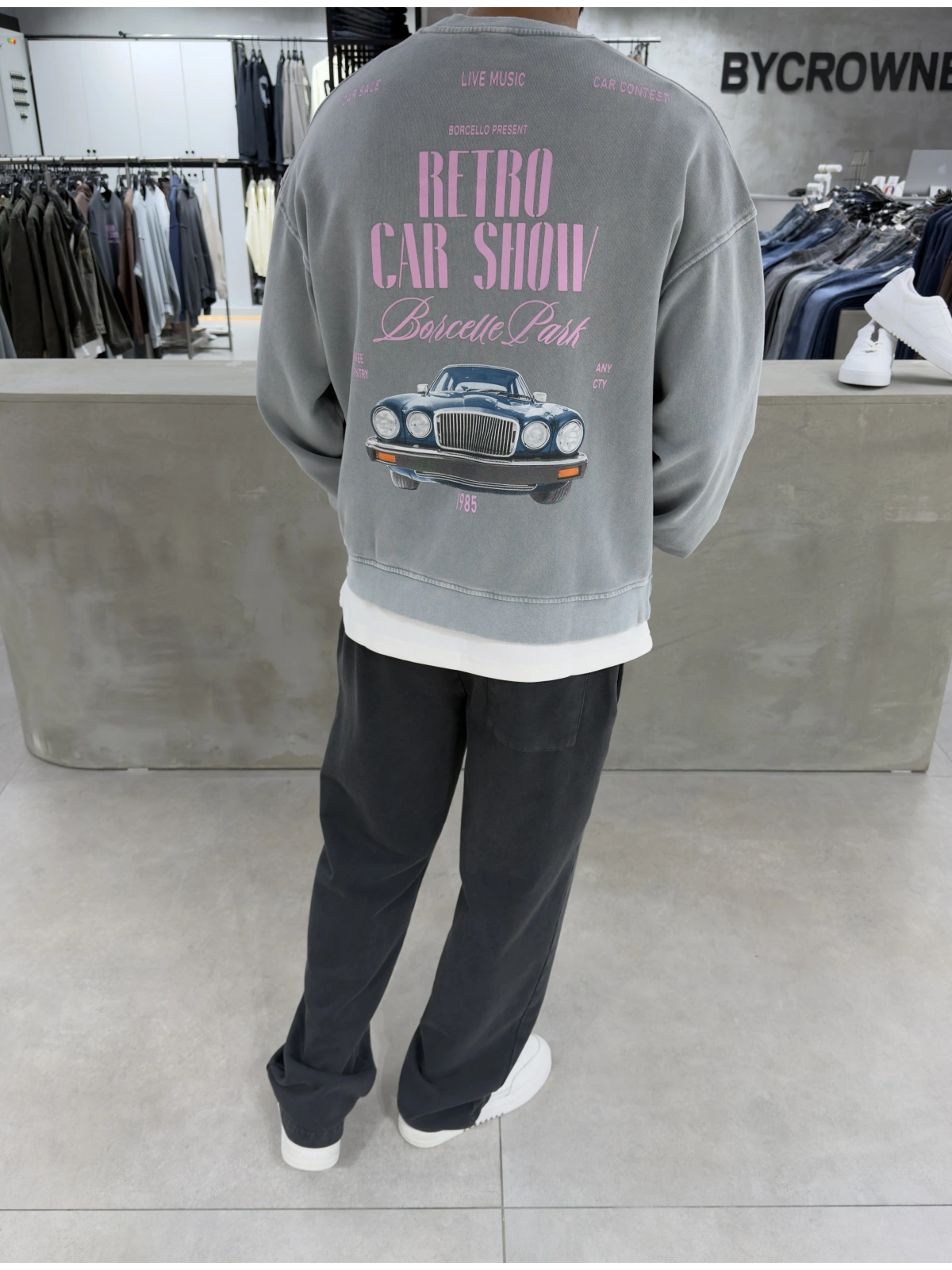 Gri Retro Yıkamalı Bisiklet Yaka Sweat