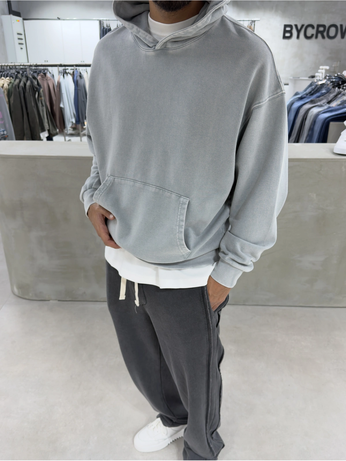 Gri Yıkamalı Oversize Kapüşonlu Sweatshirt