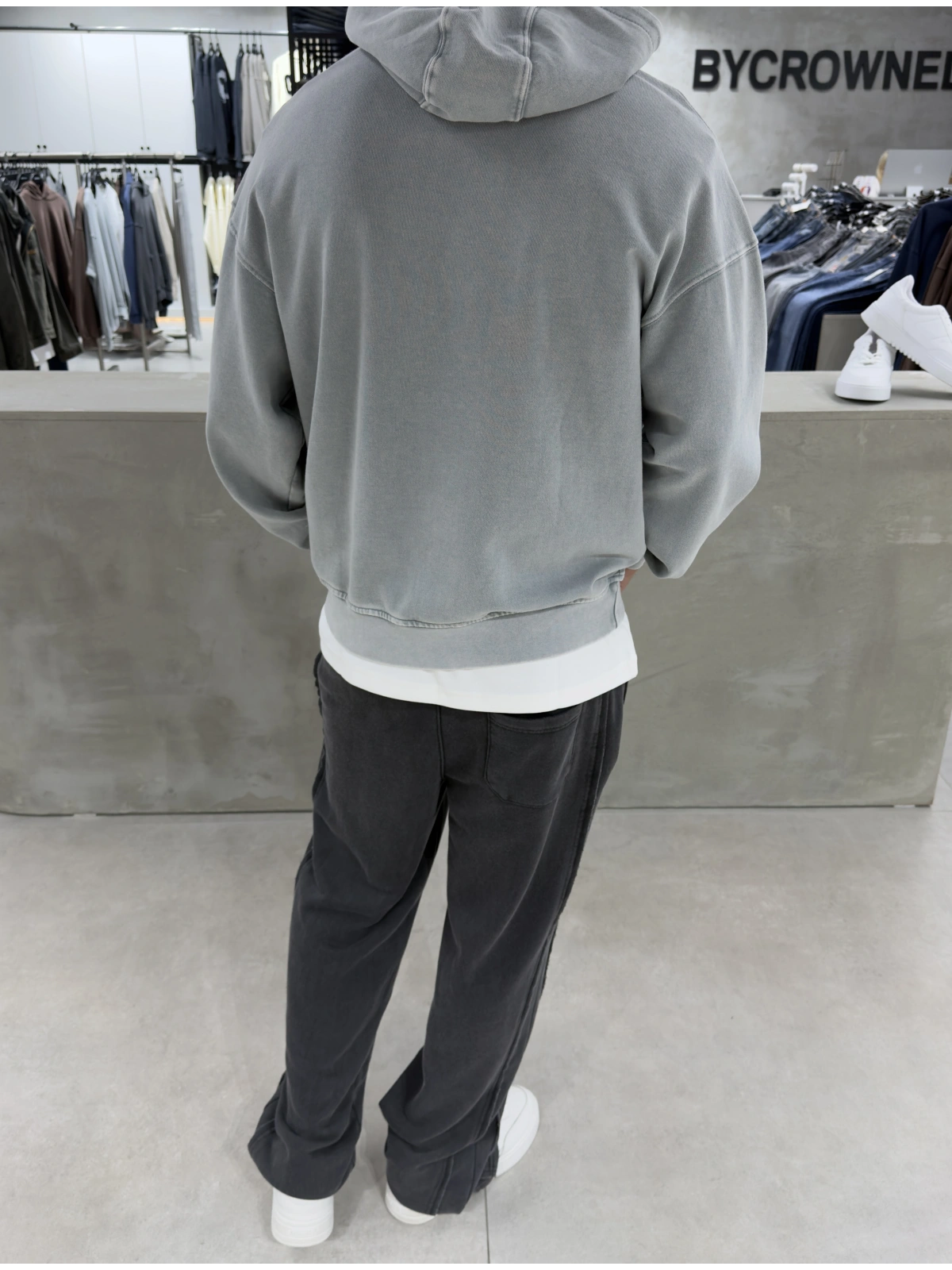 Gri Yıkamalı Oversize Kapüşonlu Sweatshirt