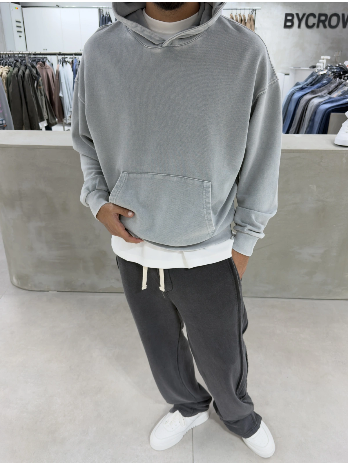 Gri Yıkamalı Oversize Kapüşonlu Sweatshirt