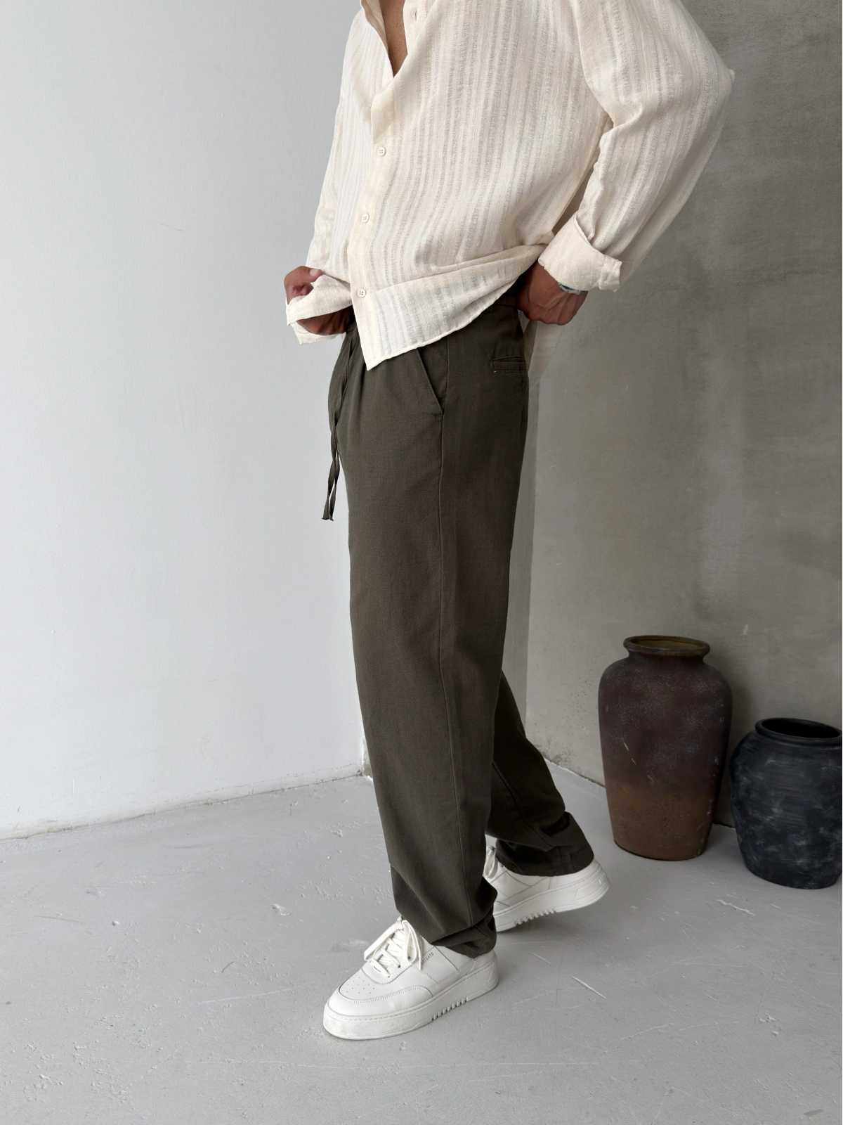 Haki Pileli Regular Keten Baggy