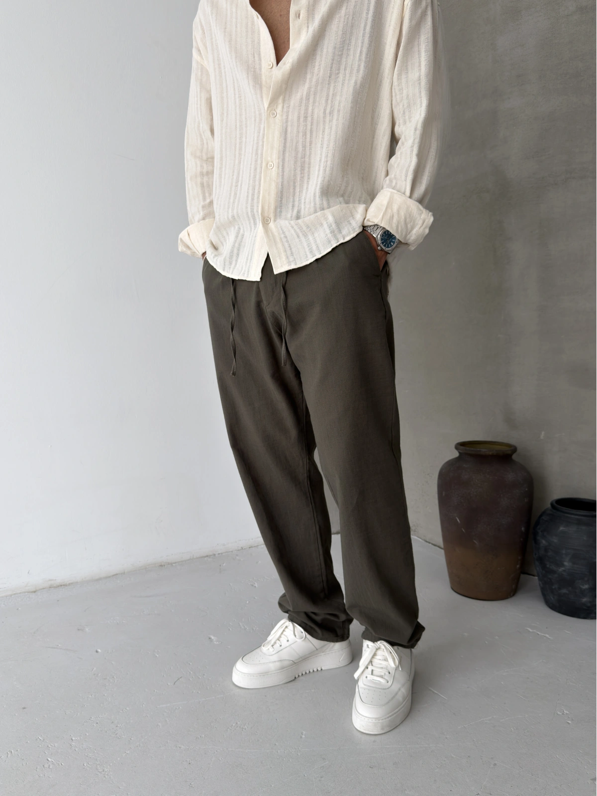 Haki Pileli Regular Keten Baggy