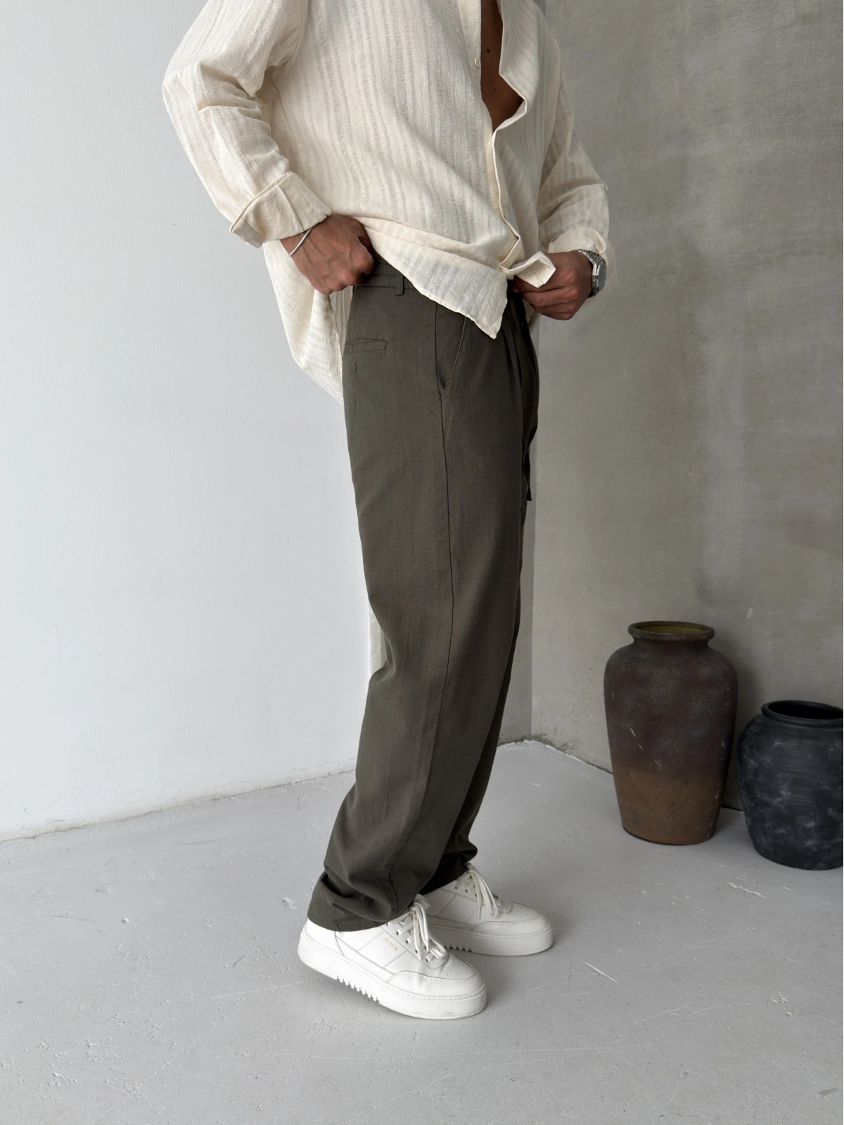 Haki Pileli Regular Keten Baggy