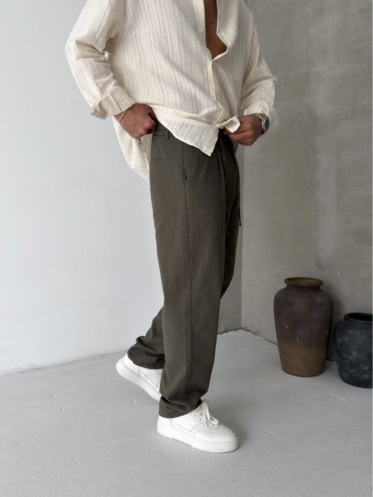 Haki Pileli Regular Keten Baggy