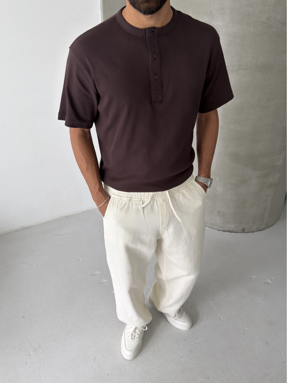 Kahve Basic Fitilli Regular T-shirt