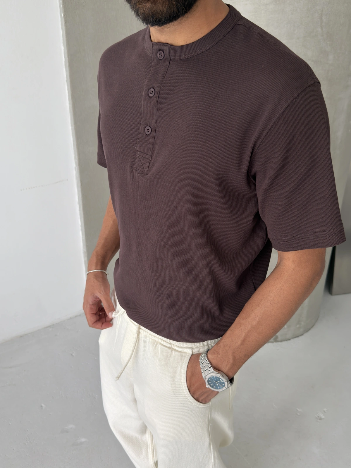 Kahve Basic Fitilli Regular T-shirt