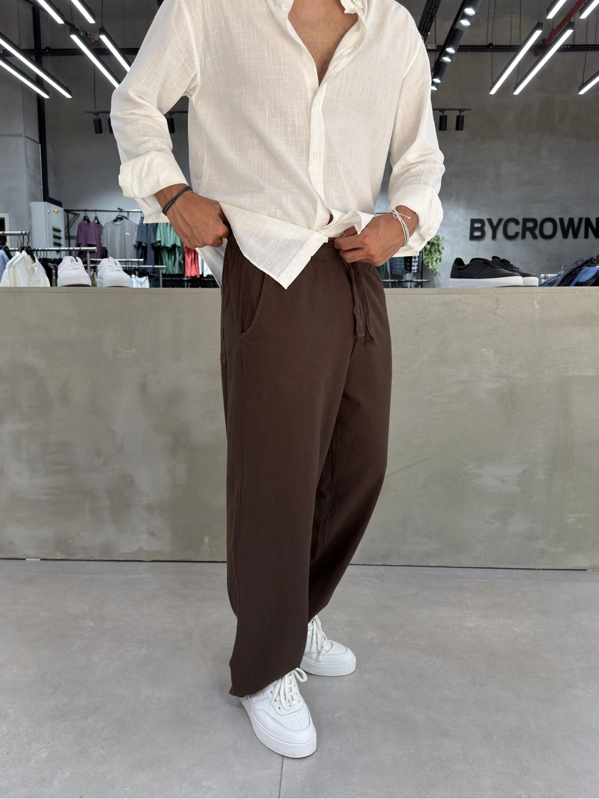 Kahve Kırınkıl Keten Bol Kalıp Baggy