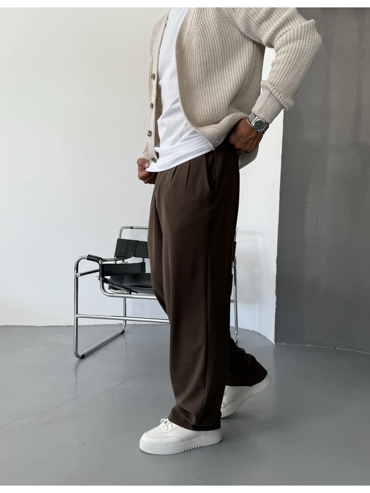 Kahve Pileli Kumaş Bol Kalıp Baggy Pantolon