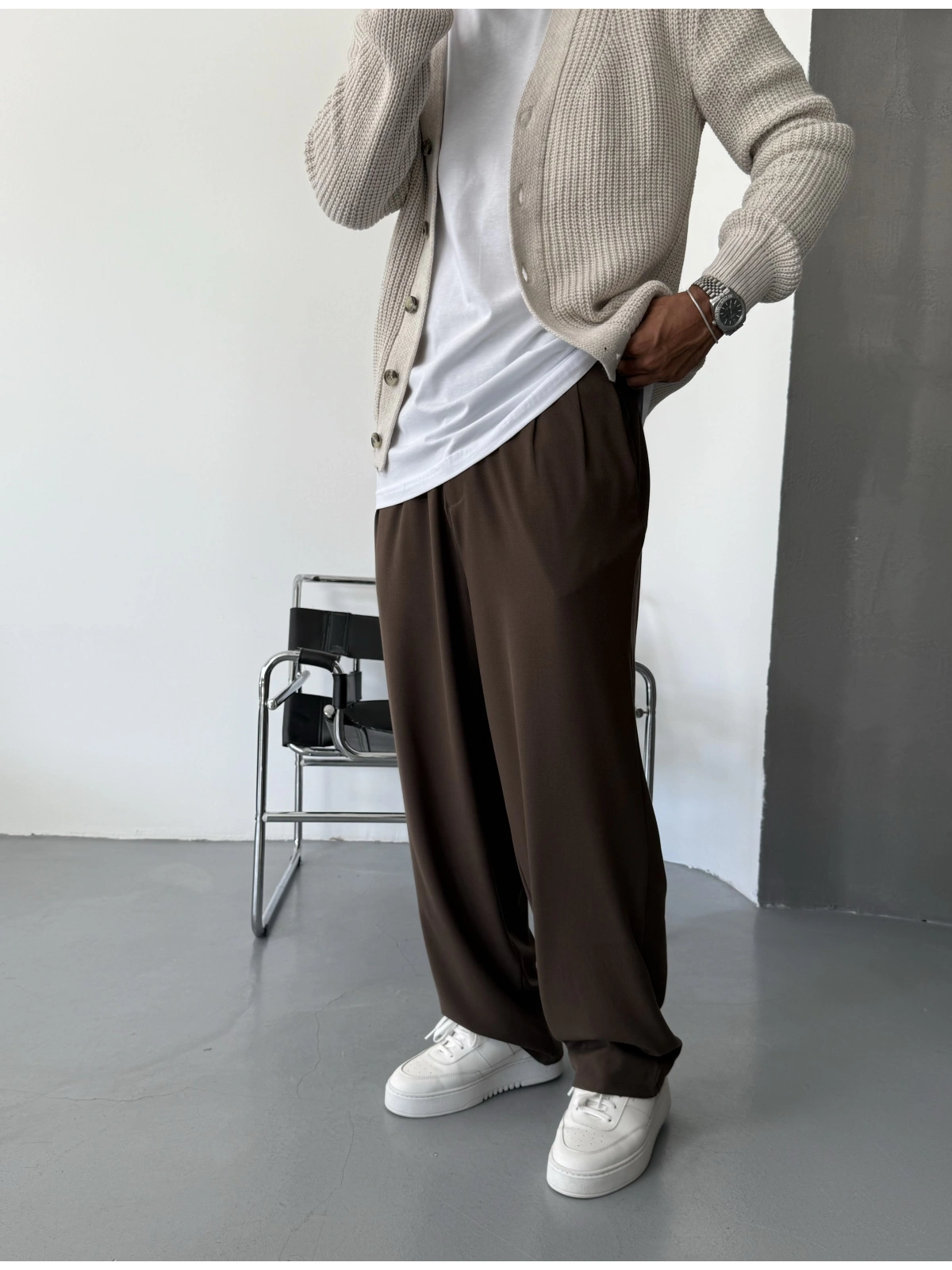 Kahve Pileli Kumaş Bol Kalıp Baggy Pantolon