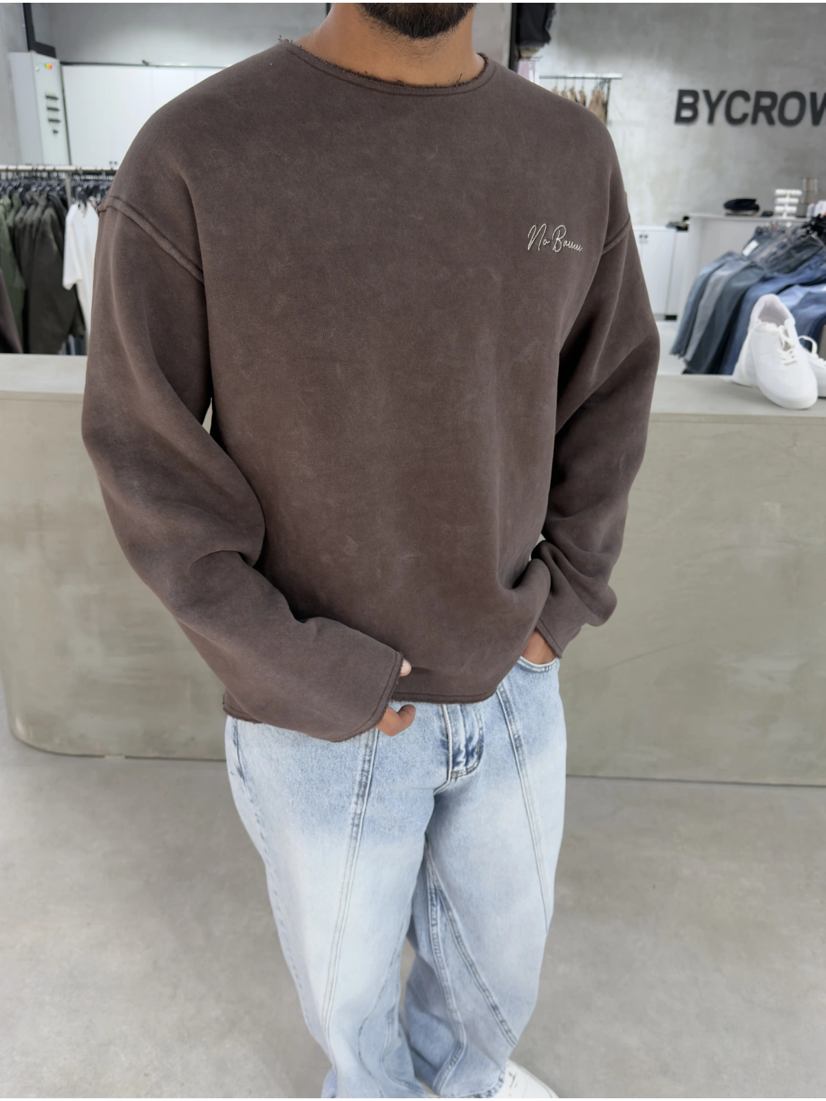 Kahve Yıkamalı Baskılı Oversize Sweat