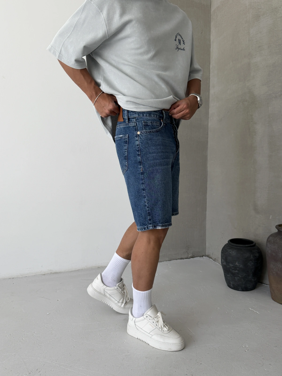 Koyu Mavi Denim Bol Kalıp Şort