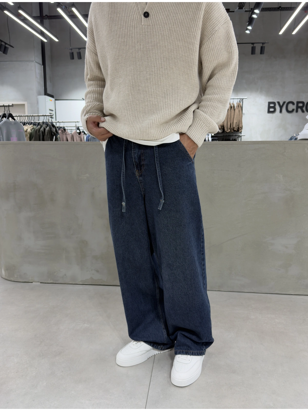Koyu Mavi İpli Baggy Jean