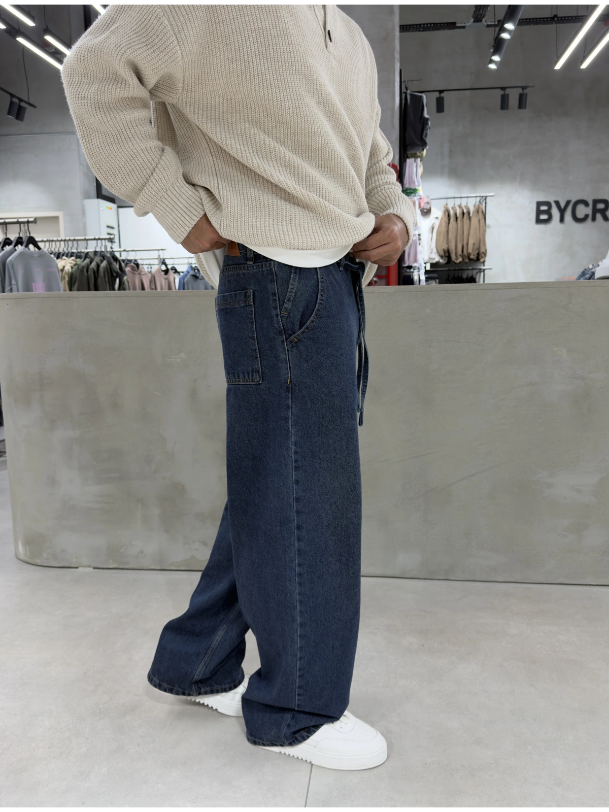 Koyu Mavi İpli Baggy Jean