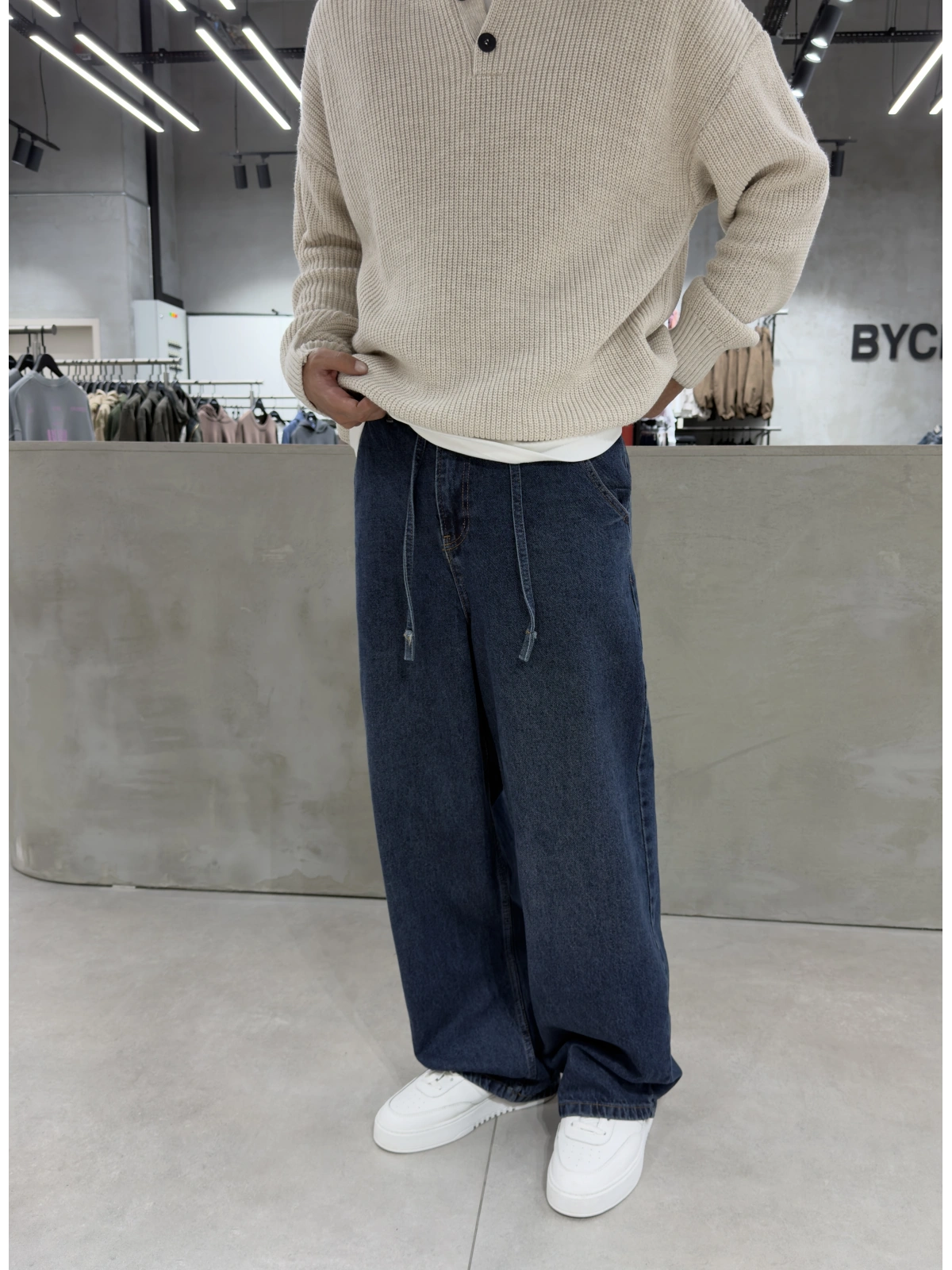 Koyu Mavi İpli Baggy Jean