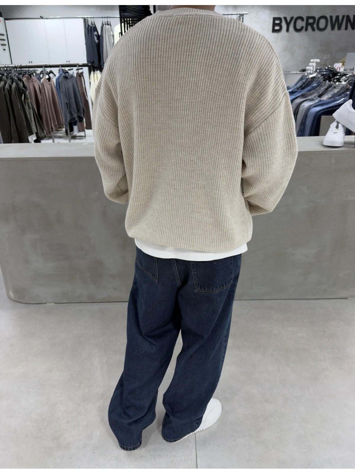 Krem Düğme Detay Oversize Kazak
