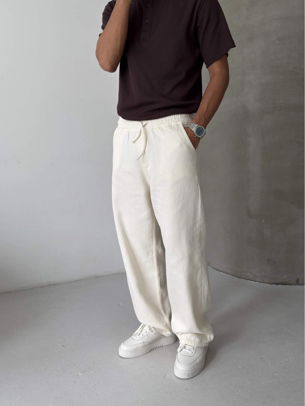 Krem Gabardin Ekstra Bol Baggy Pantolon