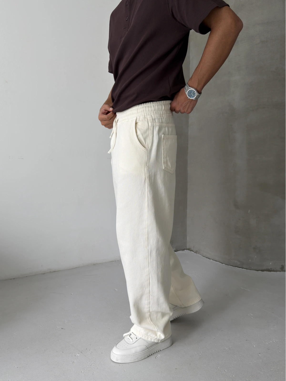 Krem Gabardin Ekstra Bol Baggy Pantolon