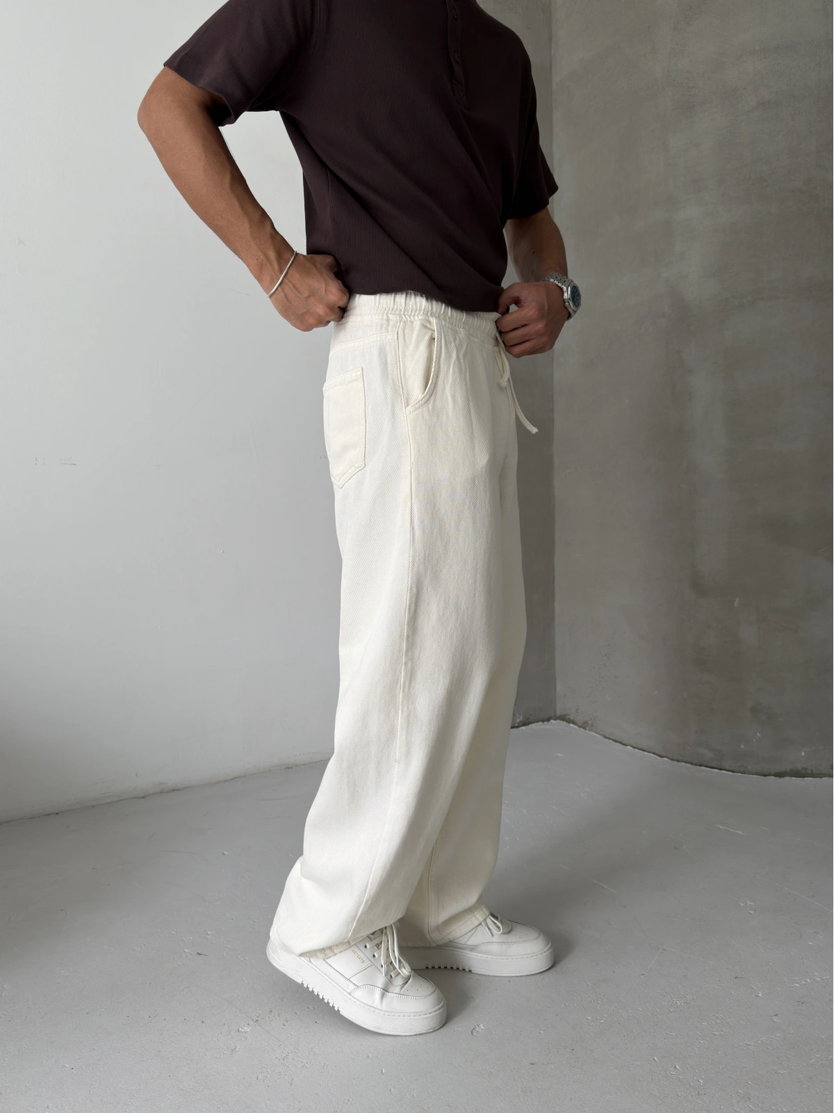 Krem Gabardin Ekstra Bol Baggy Pantolon