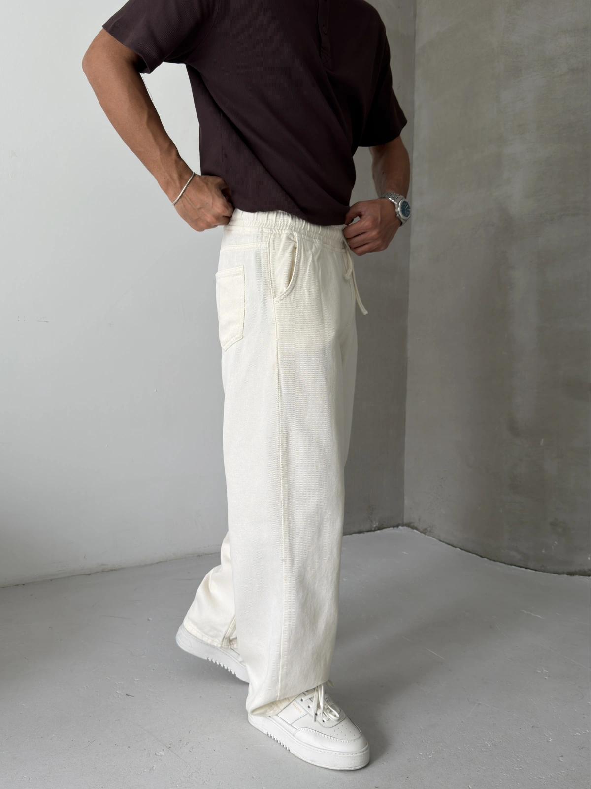 Krem Gabardin Ekstra Bol Baggy Pantolon