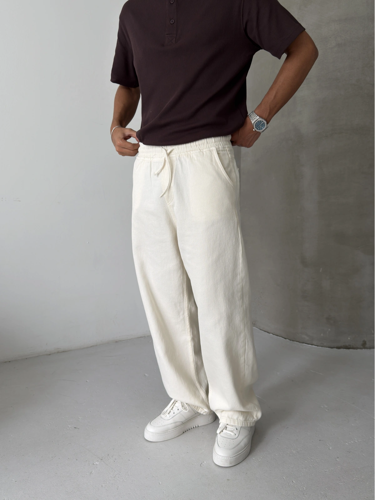 Krem Gabardin Ekstra Bol Baggy Pantolon