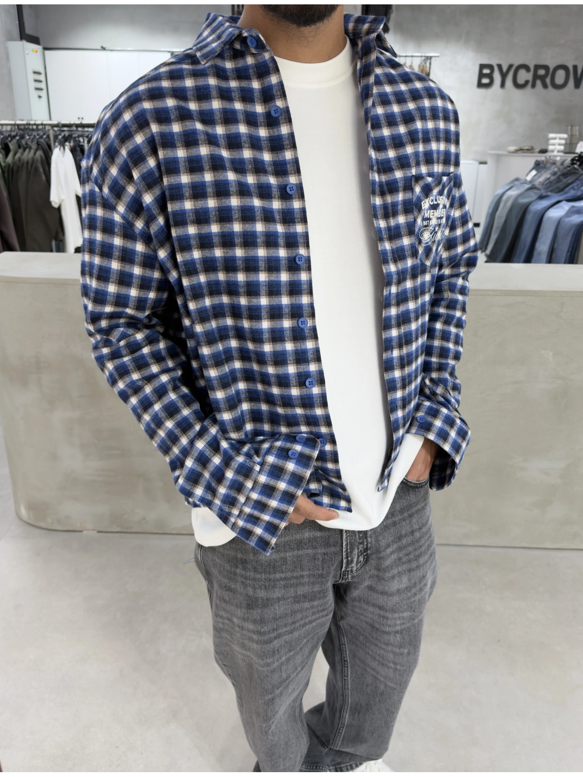 Lacivert Exclusıve Ekose Oversize Gömlek