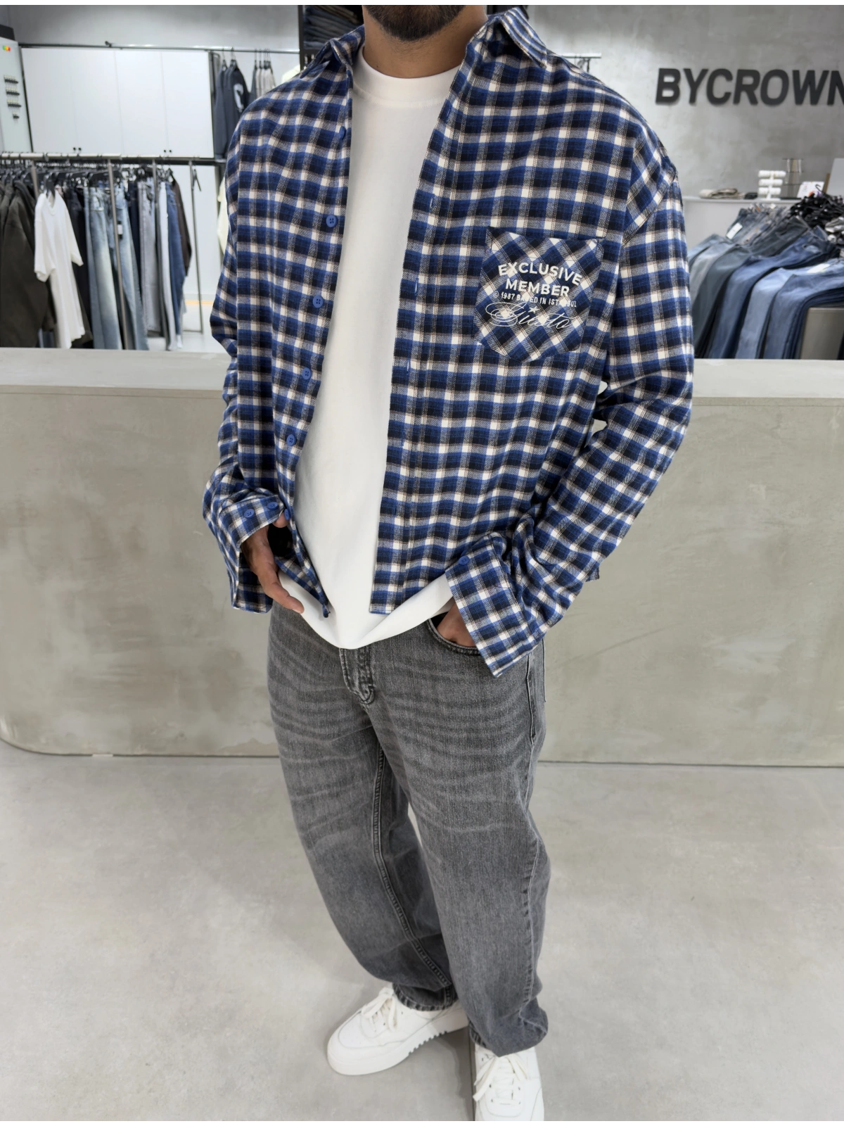 Lacivert Exclusıve Ekose Oversize Gömlek