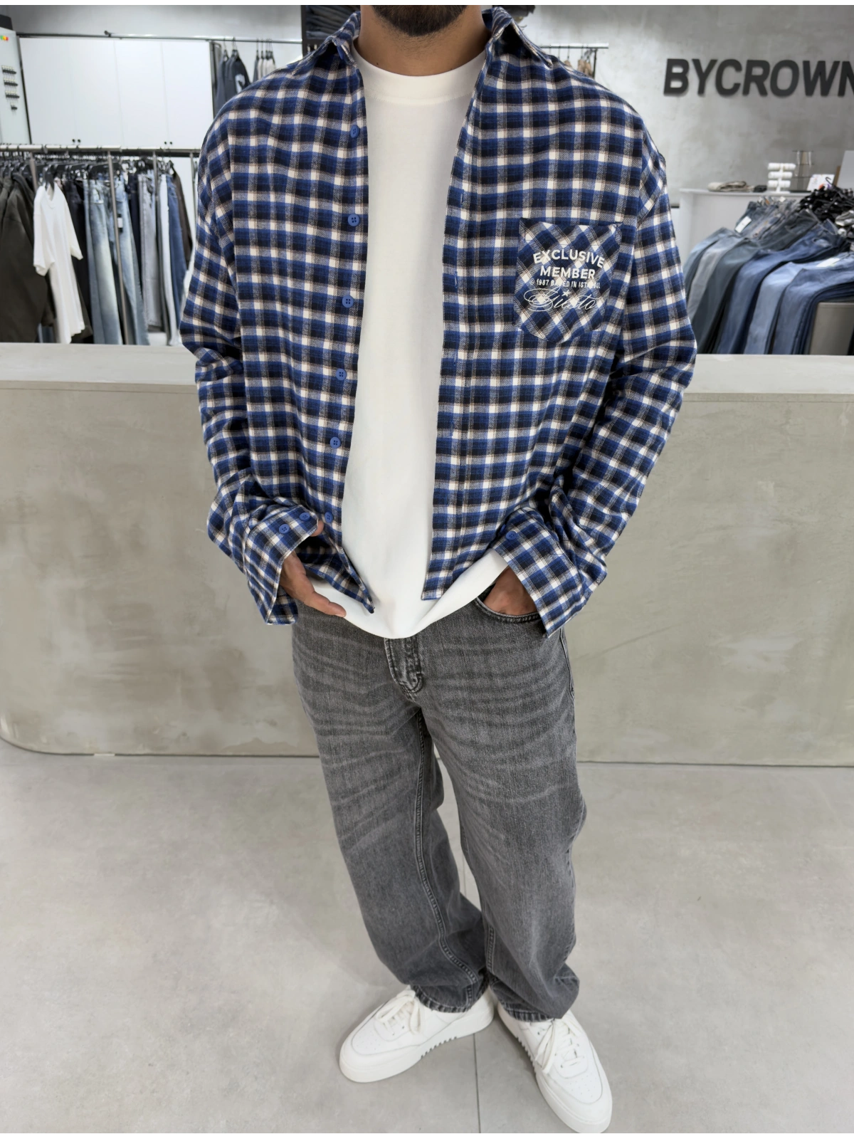 Lacivert Exclusıve Ekose Oversize Gömlek