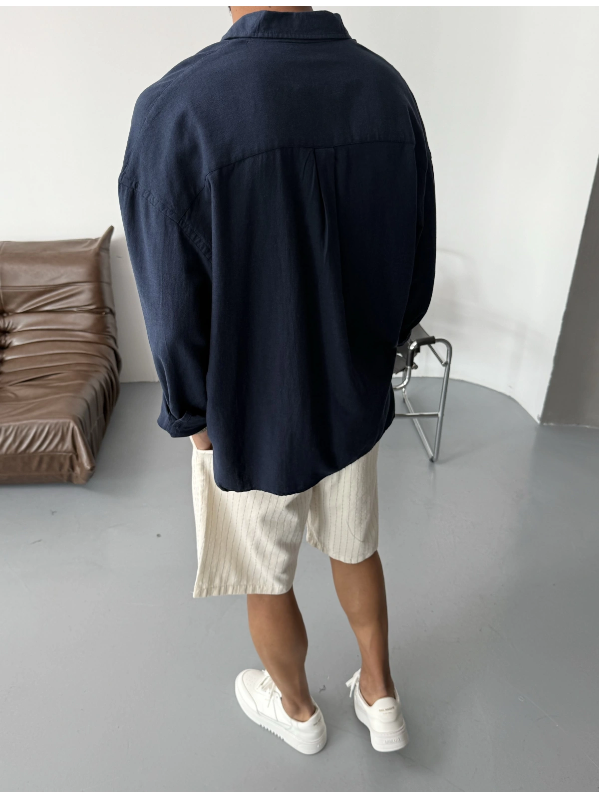 Lacivert Pamuk Keten Oversize Gömlek