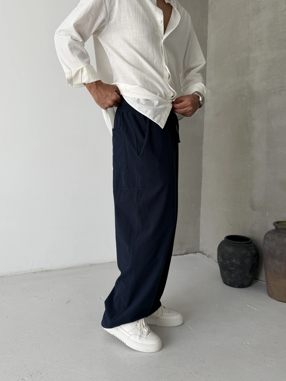 Lacivert Relaxed Keten Bol Kalıp Baggy