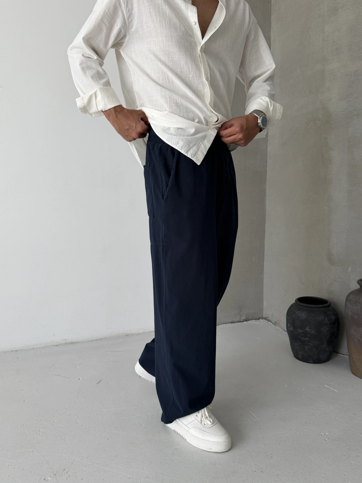 Lacivert Relaxed Keten Bol Kalıp Baggy