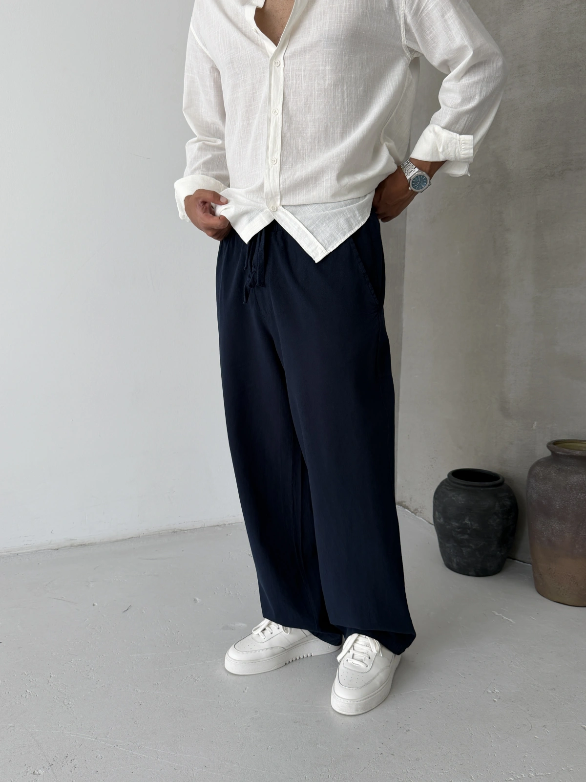 Lacivert Relaxed Keten Bol Kalıp Baggy