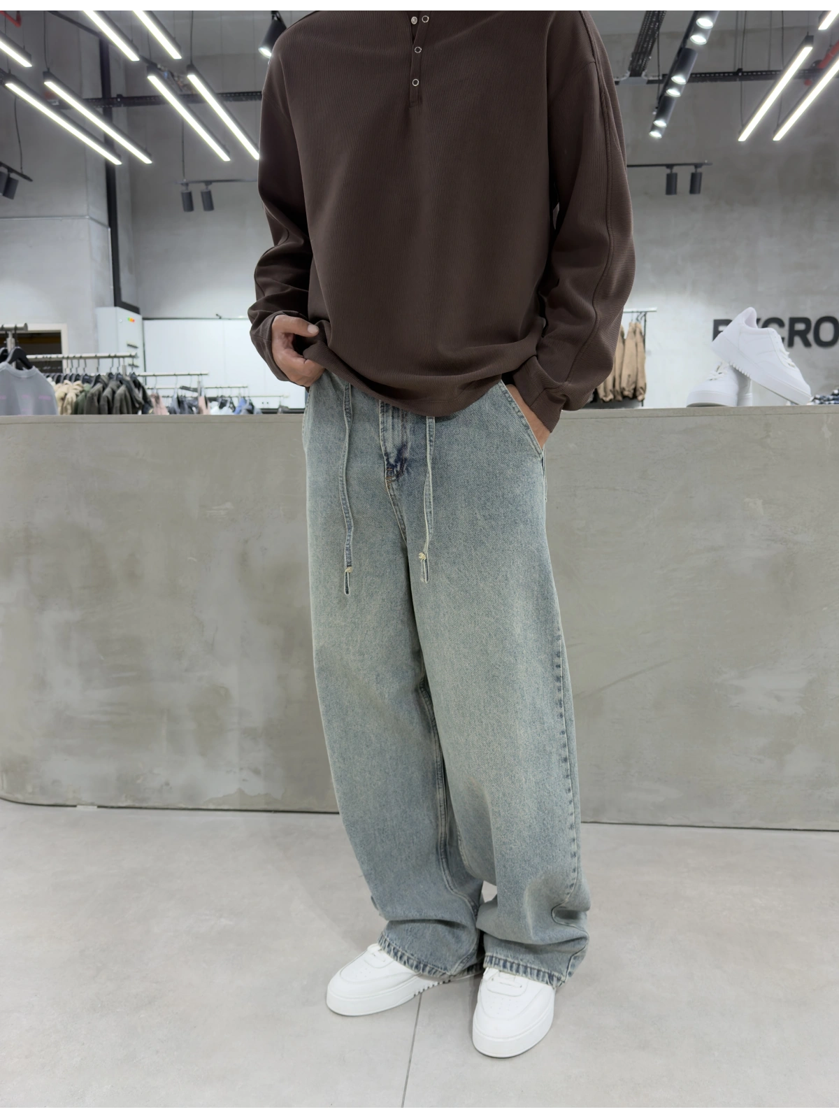 Mavi Eskitme İpli Baggy Jean