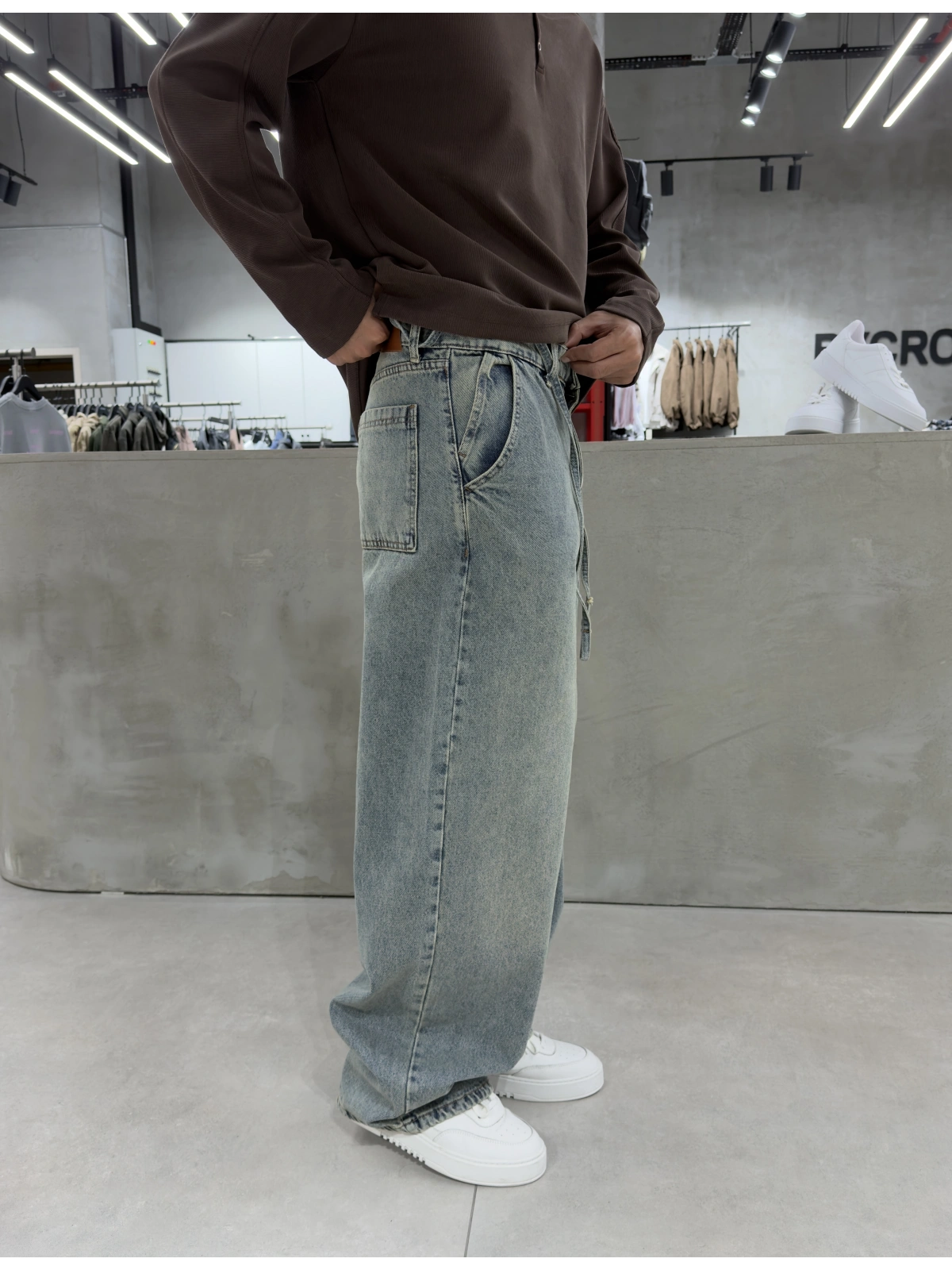 Mavi Eskitme İpli Baggy Jean