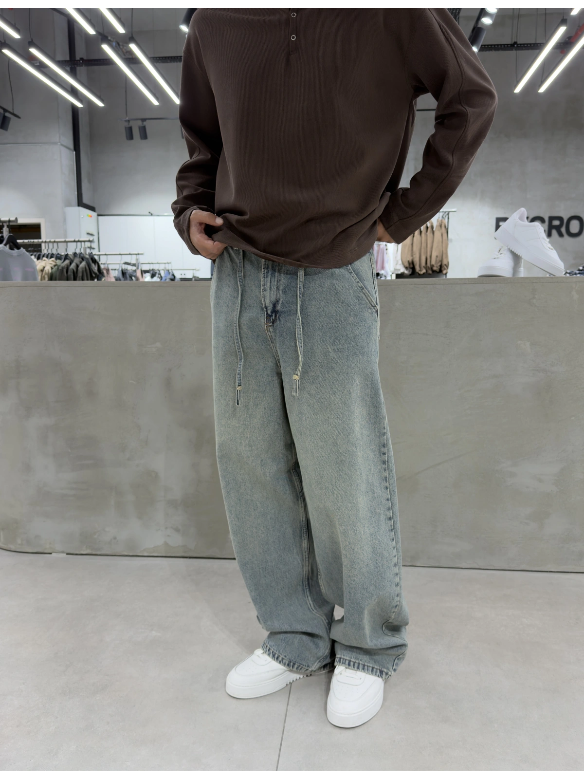 Mavi Eskitme İpli Baggy Jean