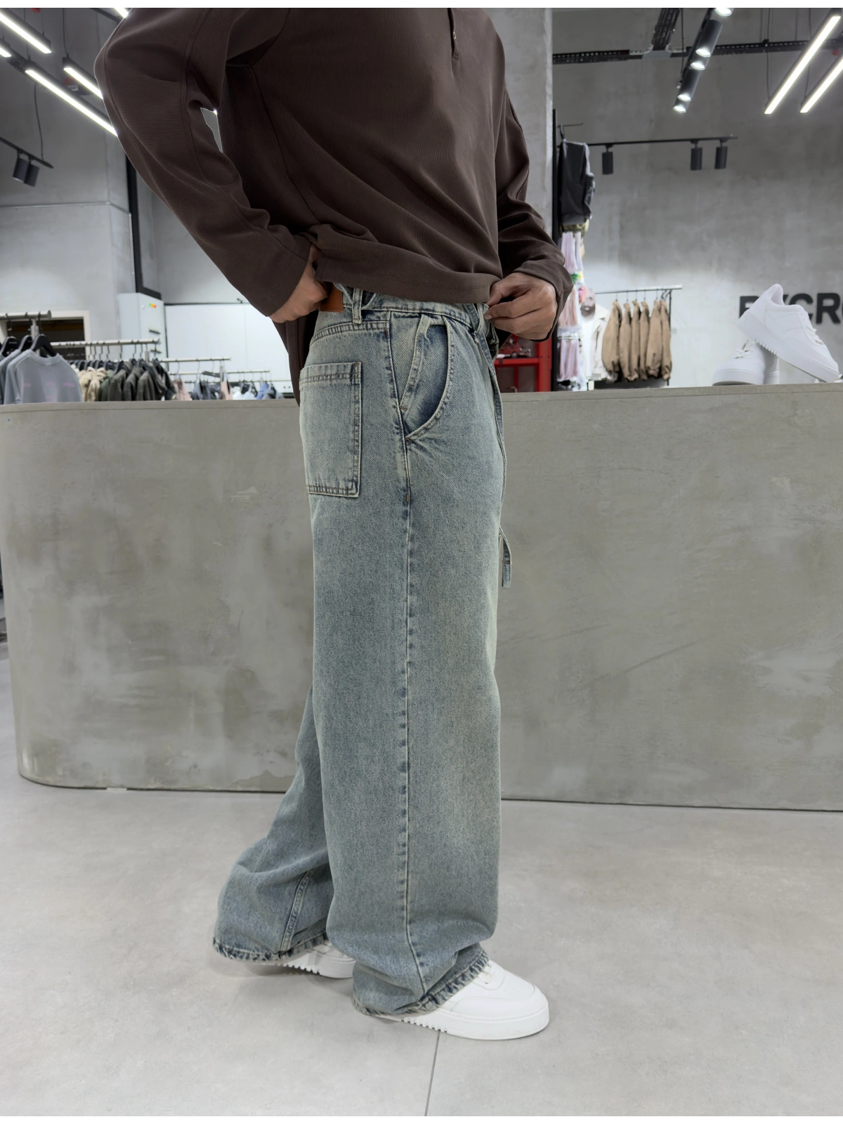 Mavi Eskitme İpli Baggy Jean