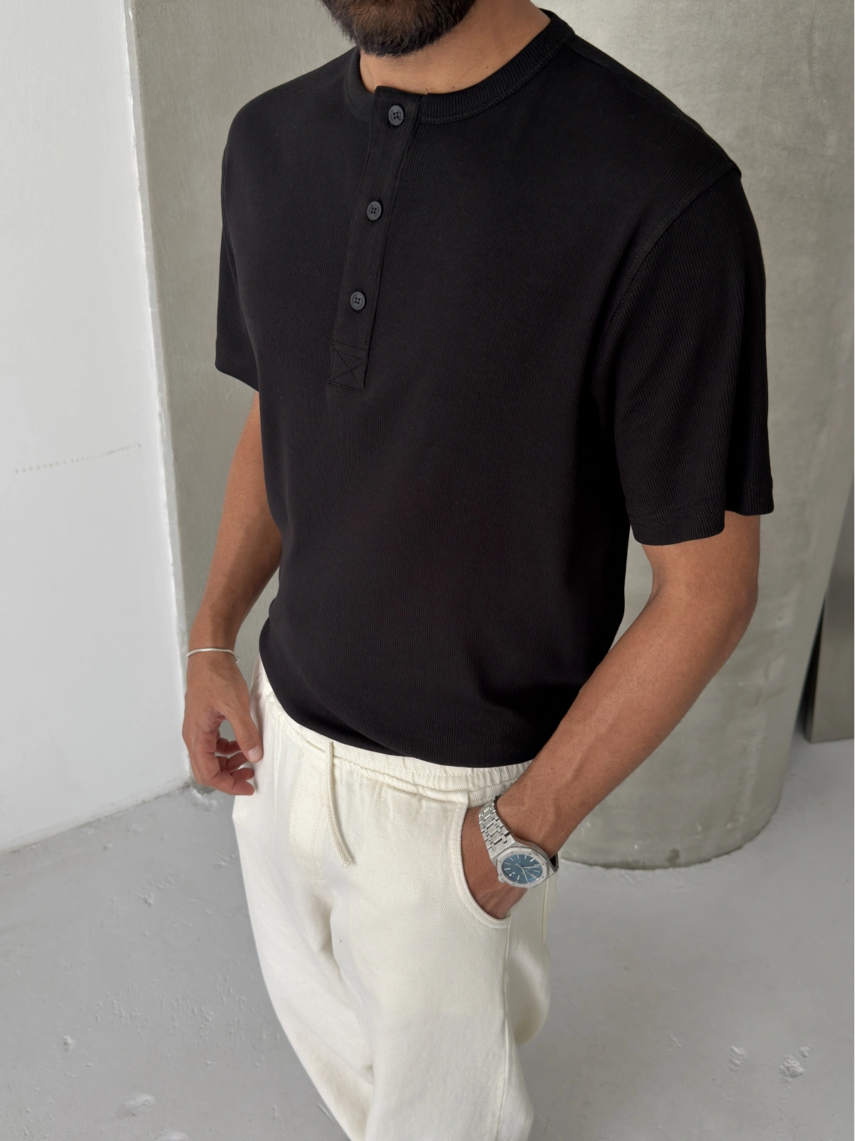 Siyah Basic Fitilli Regular T-shirt