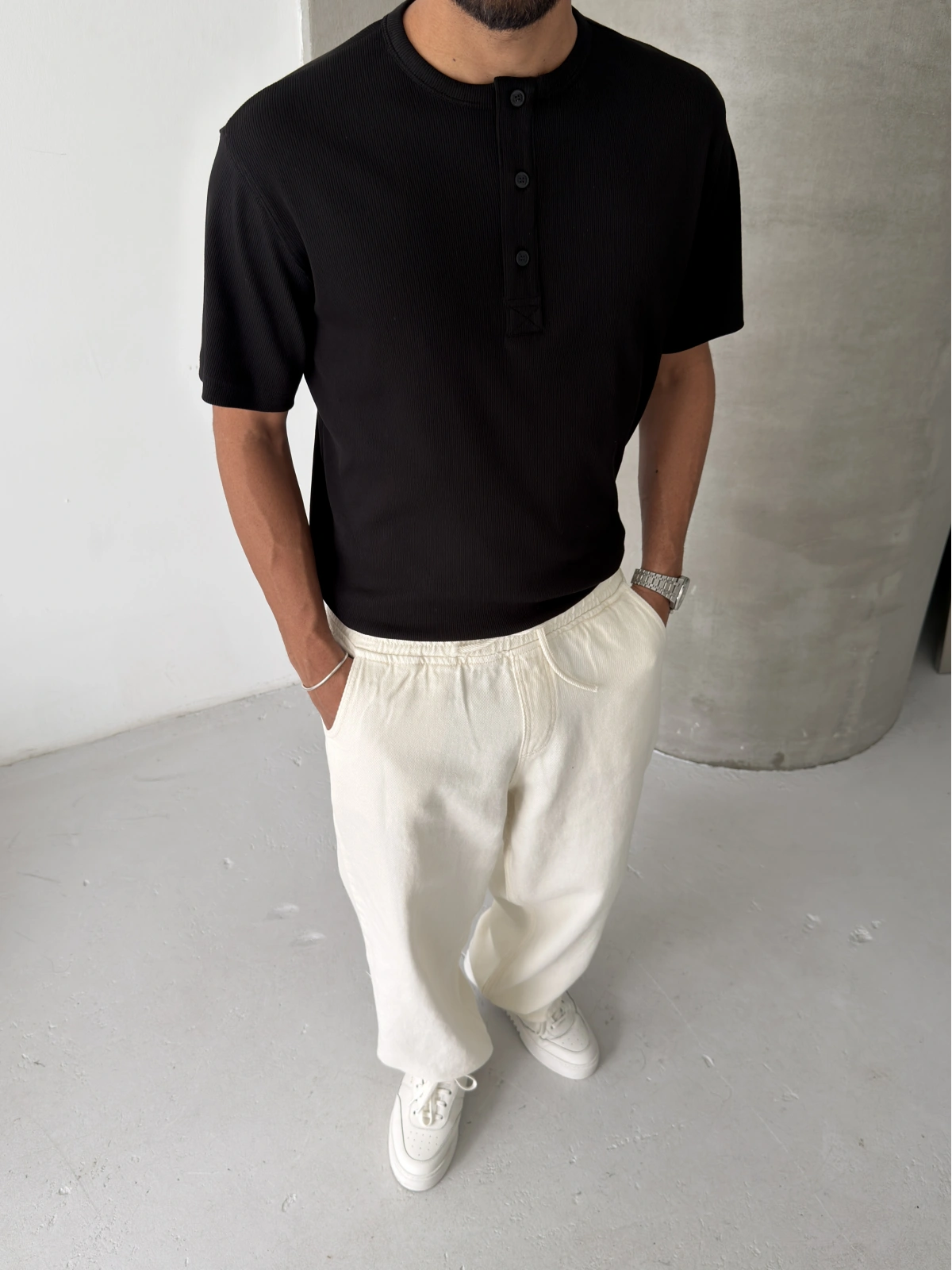 Siyah Basic Fitilli Regular T-shirt