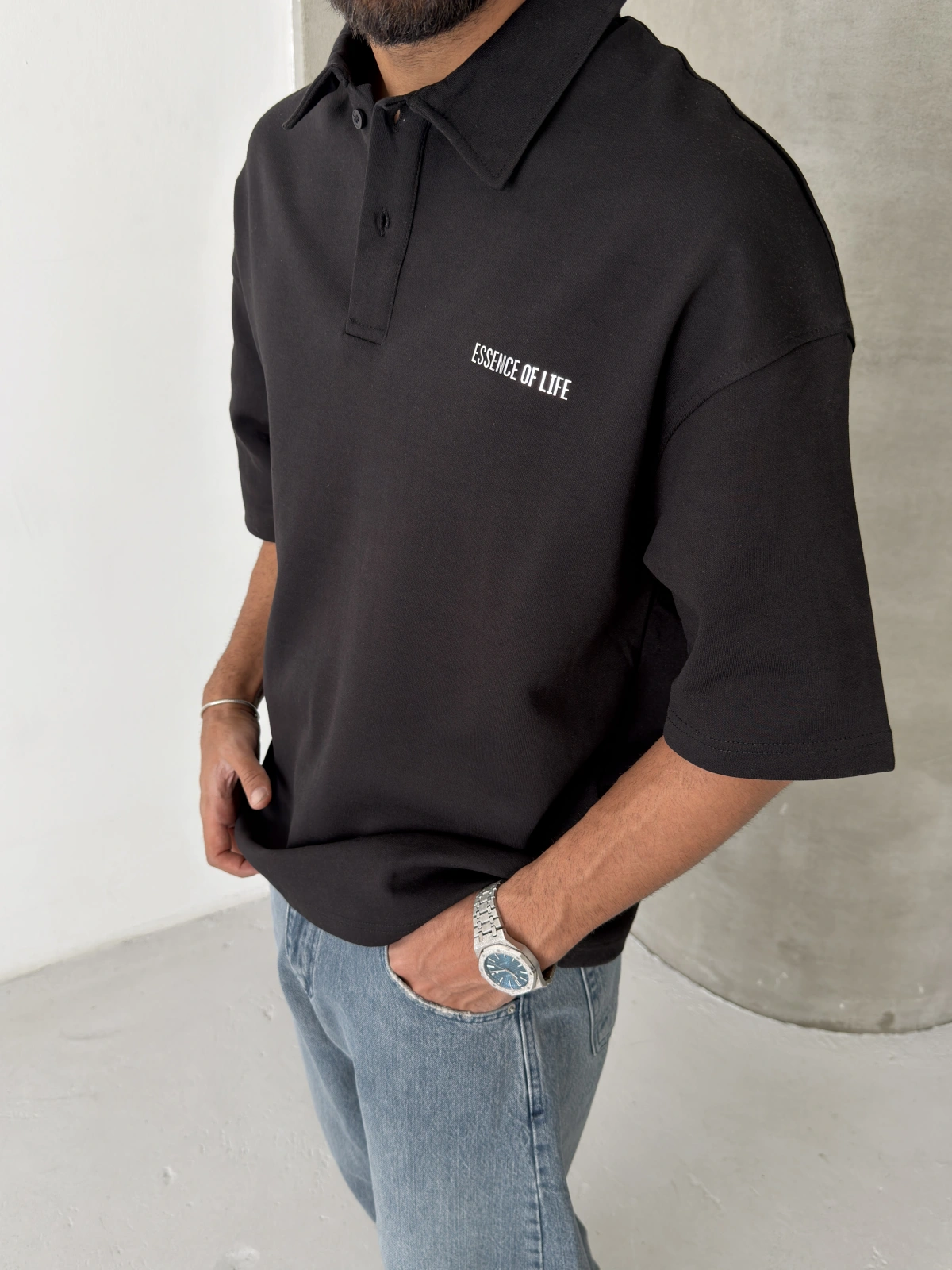 Siyah Basic Polo Yaka Oversize T-shirt