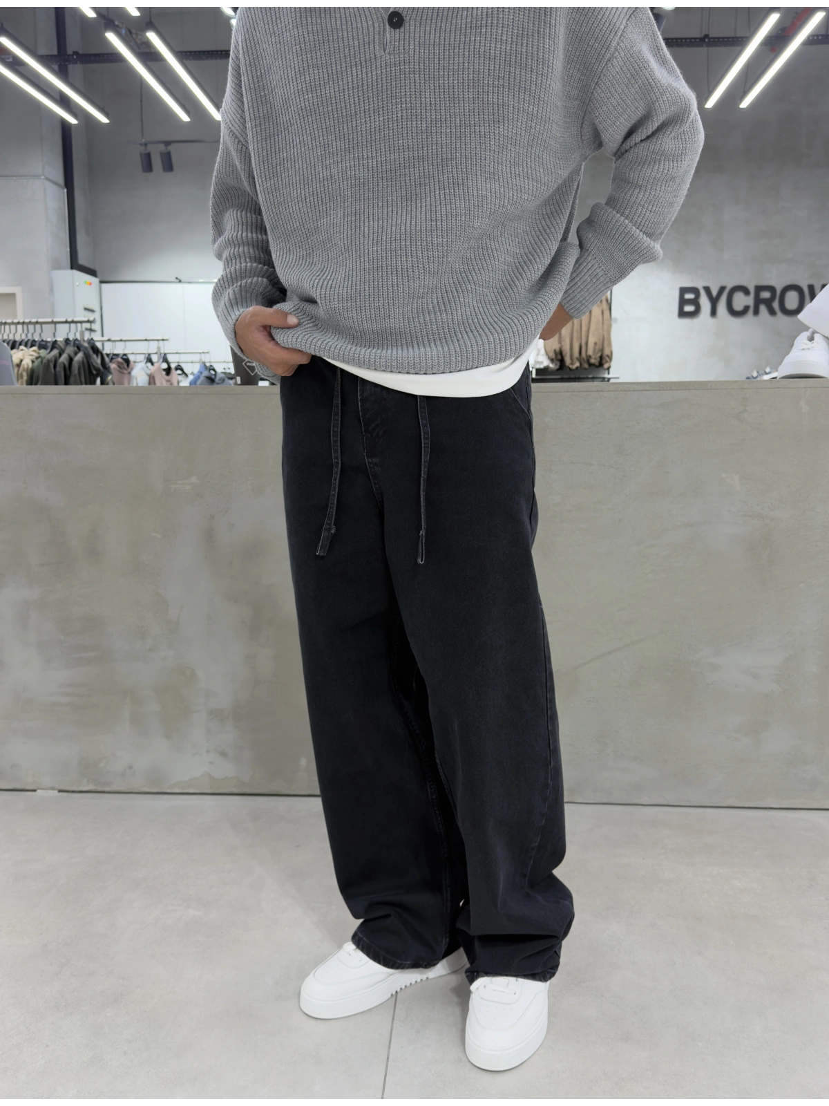 Siyah Eskitme İpli Baggy Jean